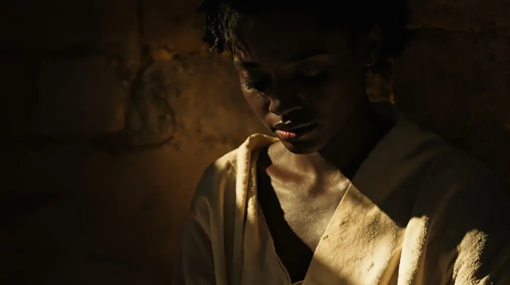 Portrait intimiste d’une femme à la peau foncée, aux traits doux, le regard baissé. Une lumière chaude effleure sa gorge et sa poitrine, révélant un vêtement clair et simple, tandis que le reste de son visage demeure dans l’ombre. L’atmosphère est silencieuse, méditative, comme un moment juste avant la parole.