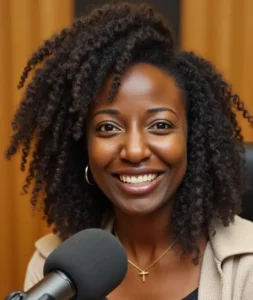 Anathalie in front of a mic.