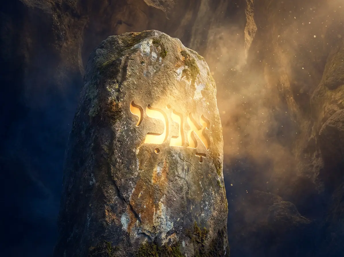 Engraved stone where the word אָנֹכִי stands out thanks to a play of light (a ray of sunlight illuminating it). Atmosphere: Mysterious, warm, and textured. This emphasizes that the word is a “decision deeply rooted in millennia of meaning.” Découvrez la signification d'Anokhí. Plongez dans la nuance hébraïque entre Ani et Anokhí pour comprendre notre vision d'une présence divine authentique.