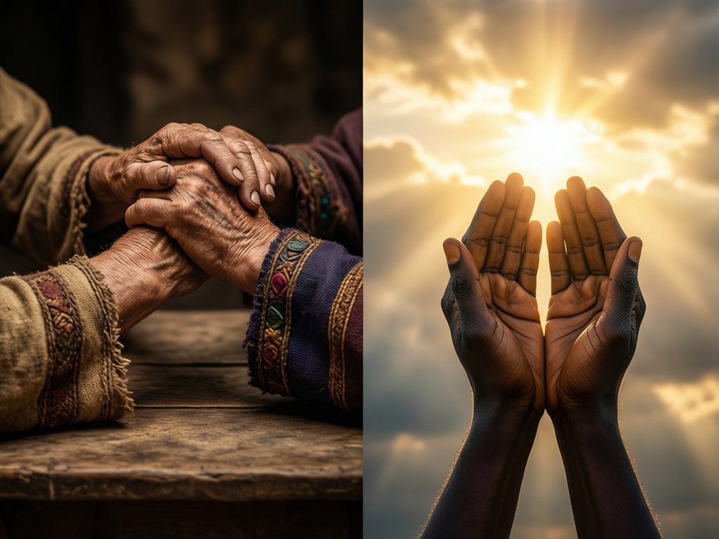 Image divisée en deux illustrant la différence entre Adoni et Adonaï. À gauche, des mains âgées se serrent sur une table en bois dans un geste d'alliance humaine. À droite, des mains levées vers le ciel en signe de prière vers une lumière dorée divine.