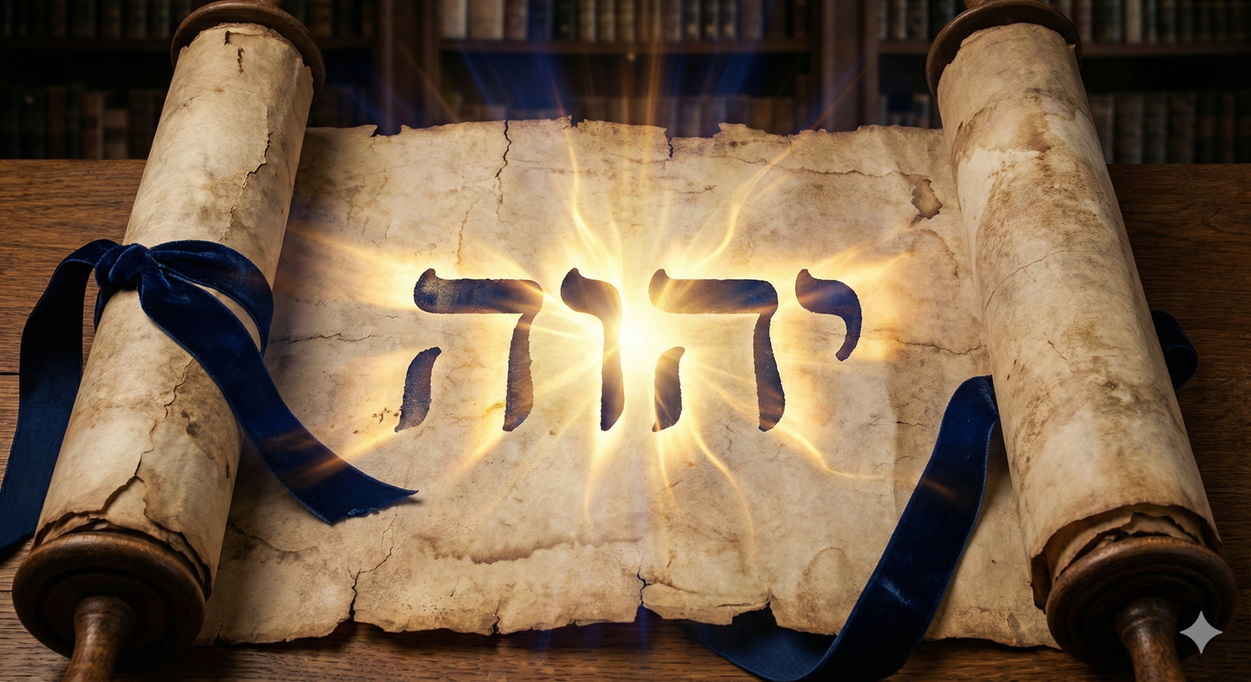 Parchemin ancien déroulé sur du bois, affichant le Tétragramme hébraïque (YHWH) qui brille d'une lumière dorée intense, entouré d'un ruban de velours bleu nuit.