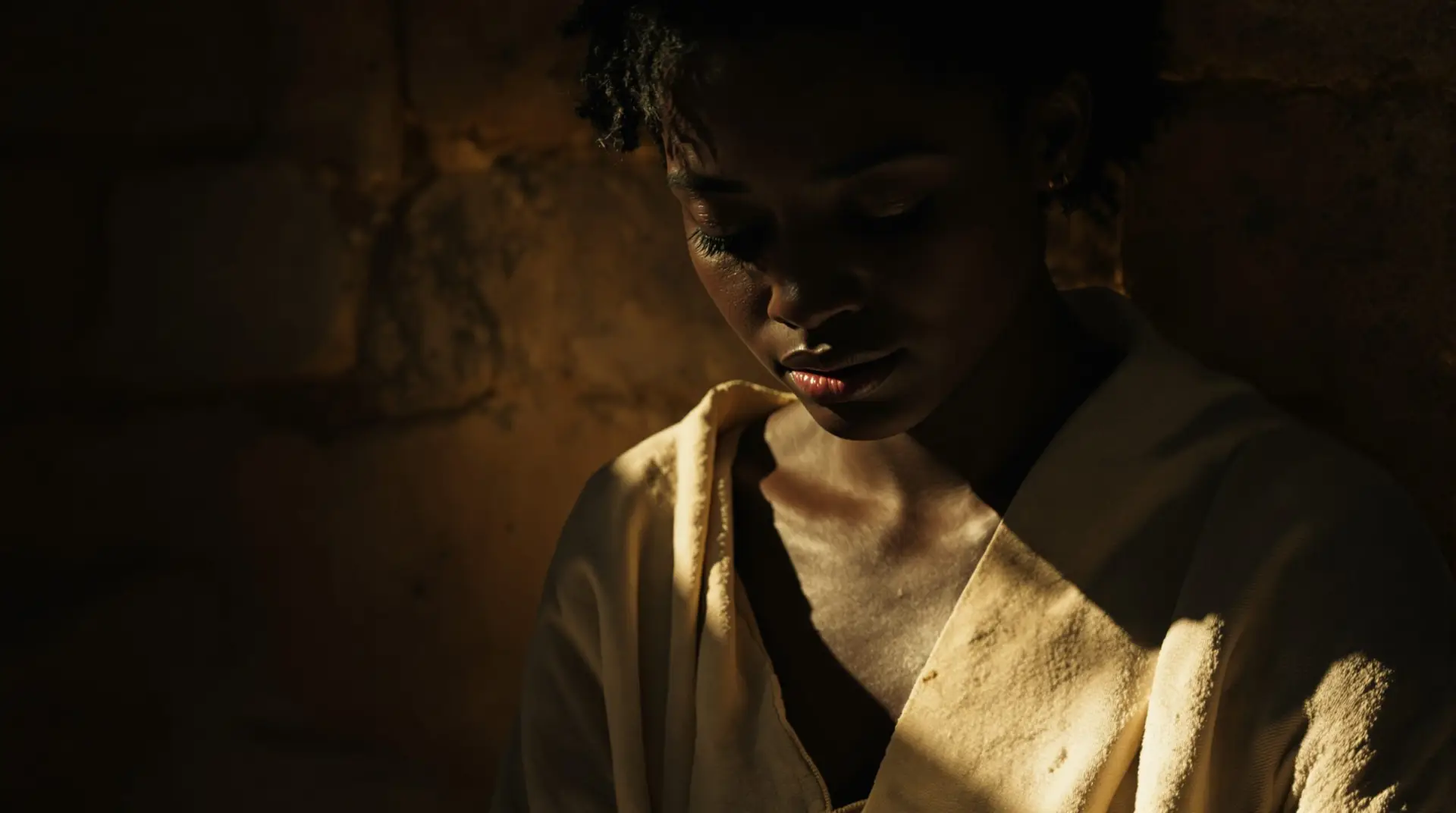 Portrait intimiste d’une femme à la peau foncée, aux traits doux, le regard baissé. Une lumière chaude effleure sa gorge et sa poitrine, révélant un vêtement clair et simple, tandis que le reste de son visage demeure dans l’ombre. L’atmosphère est silencieuse, méditative, comme un moment juste avant la parole. Pourquoi Anokhí choisit l'incarnation à la première personne ? Découvrez comment cette méthode brise le quatrième mur pour une rencontre transformatrice.