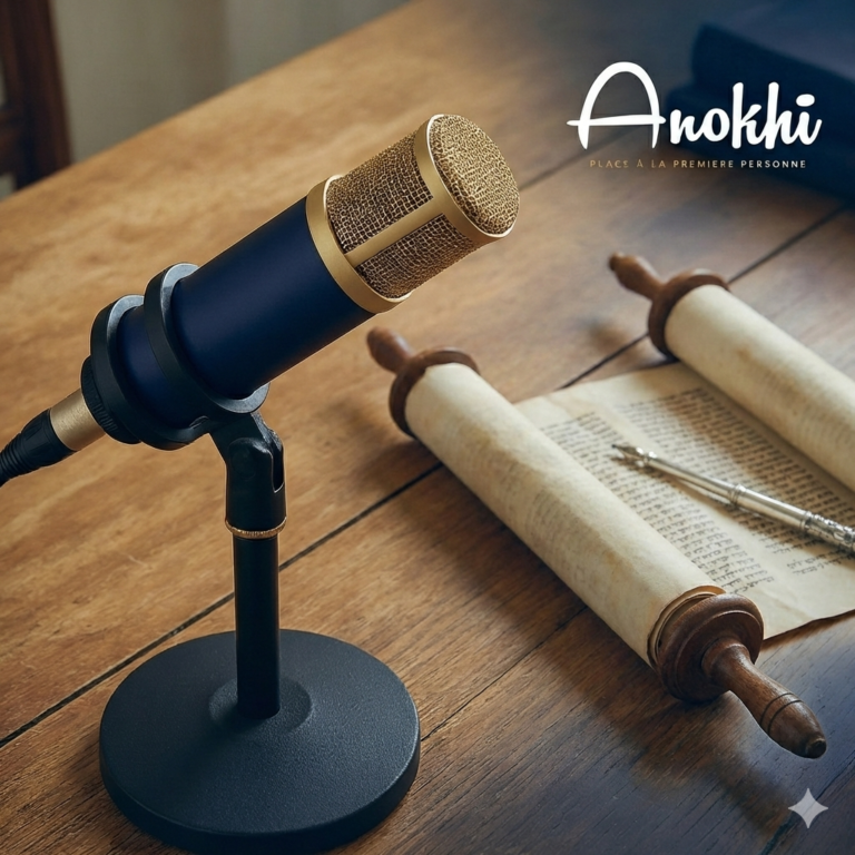 Microphone de studio bleu et or posé sur une table en bois à côté de rouleaux de parchemins anciens.