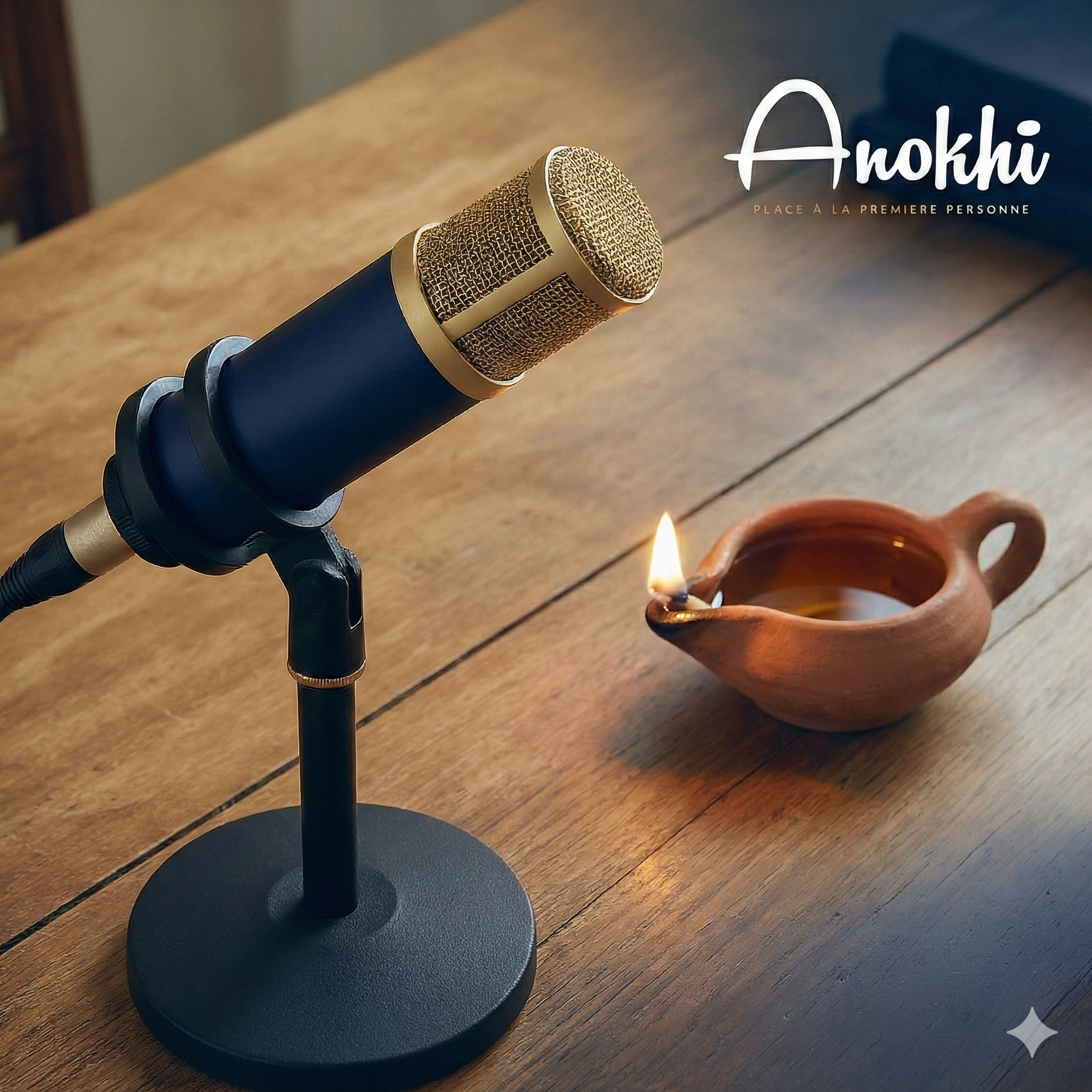 Microphone de studio bleu et or à côté d'une petite lampe à huile en terre cuite allumée. Le texte indique « Mariam : Il vient chez moi »