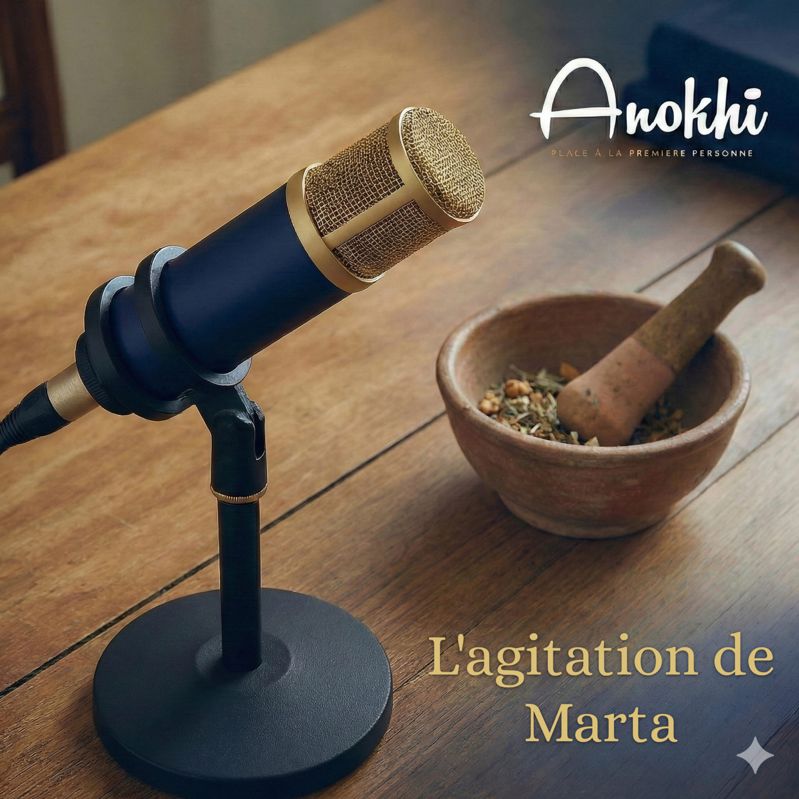 Microphone de studio bleu et or à côté d'un mortier et pilon en bois contenant des épices ou des herbes. Le texte indique « L'agitation de Marta ».