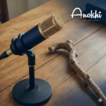 Microphone de studio bleu et or à côté d'un bâton de marche en bois noueux posé sur la table. Le texte indique « La fille d'Avraham ».