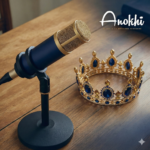 Microphone de studio bleu et or à côté d'une couronne royale dorée ornée de pierres bleues.