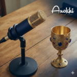 Microphone de studio bleu et or à côté d'une coupe d'or ornée de pierres précieuses (style calice) sur une table en bois. Le texte indique « Hadassah ».