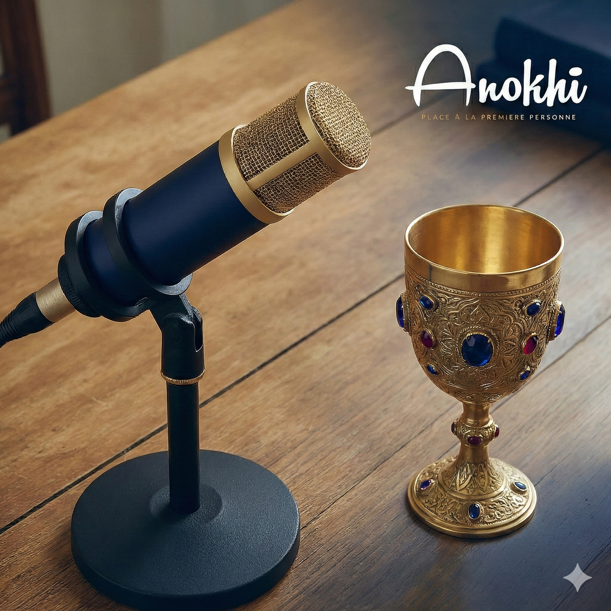 Microphone de studio bleu et or à côté d'une coupe d'or ornée de pierres précieuses (style calice) sur une table en bois. Le texte indique « Hadassah ».