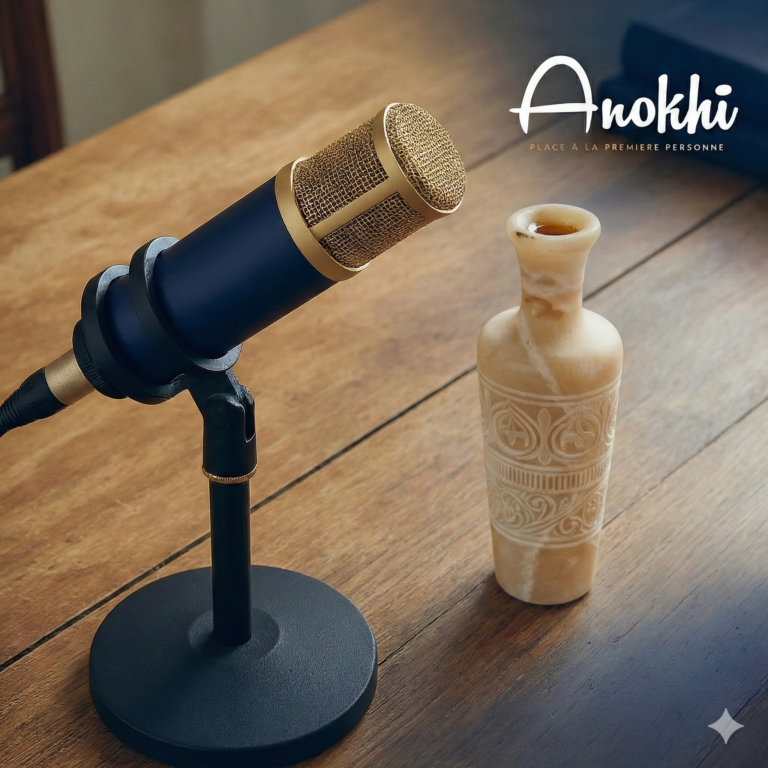 Microphone de studio bleu et or à côté d'un vase d'albâtre sur une table en bois.
