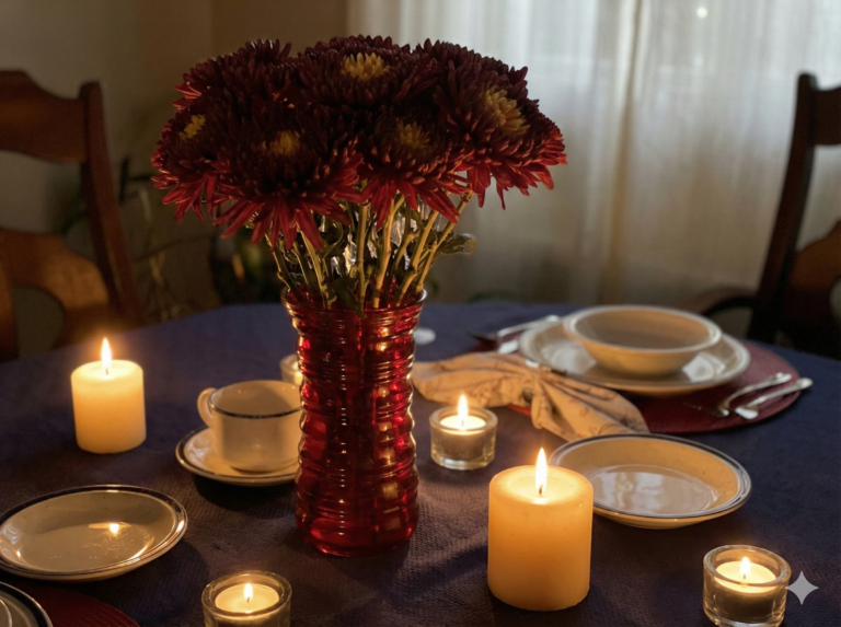 Table dressée pour un repas dans une ambiance nocturne et intimiste, éclairée par des bougies. Au premier plan, un vase rouge avec des fleurs bordeaux et jaunes ; à l'arrière-plan, des couverts et de la vaisselle blanche sur une nappe bleue, évoquant l'hospitalité et l'écoute.