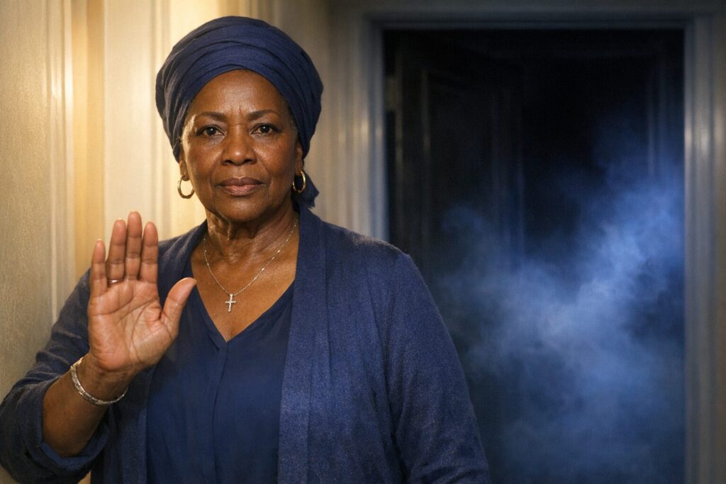 Une femme africaine mature au regard sérieux, levant la main en signe de halte devant une porte sombre d'où s'échappe une brume mystérieuse.