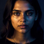 Portrait en gros plan d'une femme au visage constellé de taches de rousseur, éclairé d'un côté par une lumière dorée et de l'autre par une ombre bleue, regardant fixement devant elle.