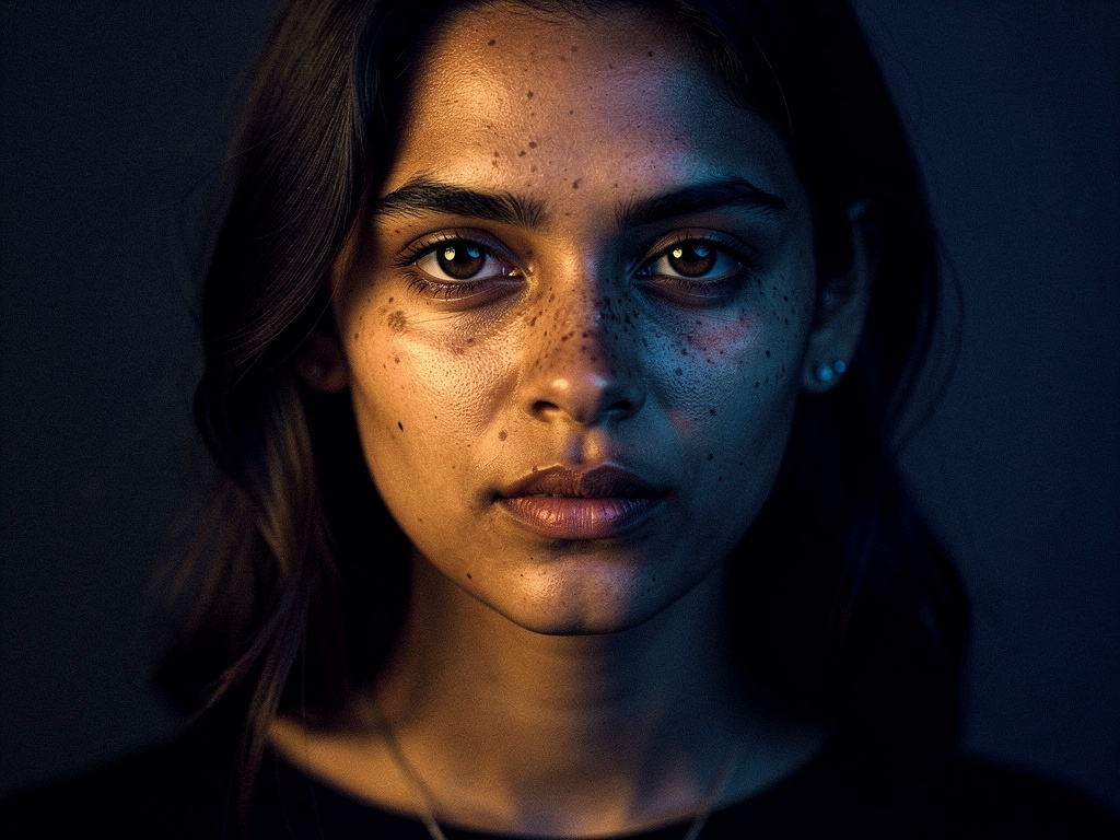 Portrait en gros plan d'une femme au visage constellé de taches de rousseur, éclairé d'un côté par une lumière dorée et de l'autre par une ombre bleue, regardant fixement devant elle.