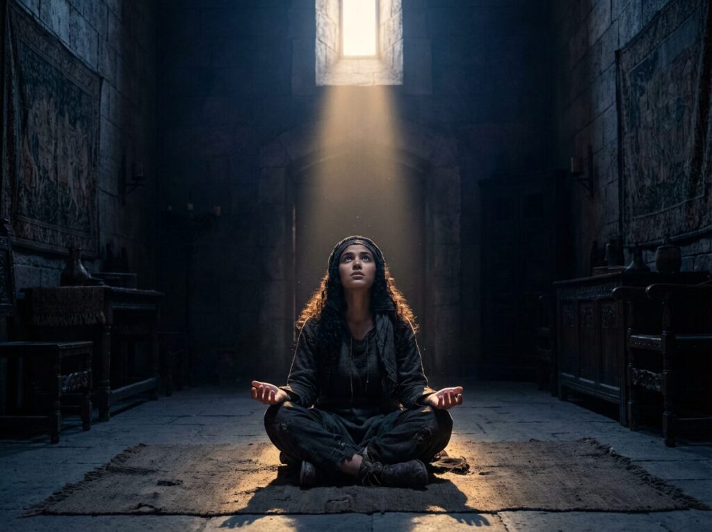 Une jeune femme assise en tailleur dans une pièce sombre en pierre, regardant avec espérance un faisceau de lumière dorée descendant d'une fenêtre haute.