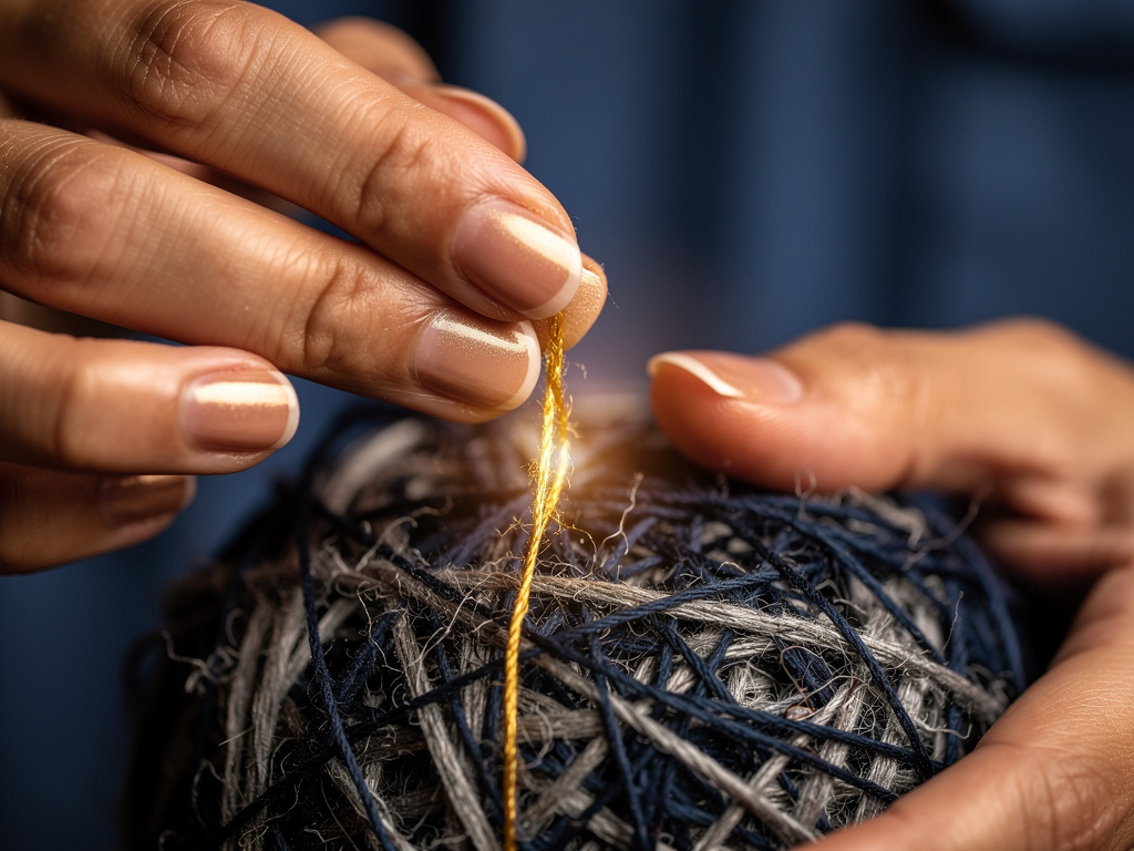 Gros plan sur des mains féminines séparant délicatement un fil d'or brillant d'une pelote de fils sombres et gris emmêlés.