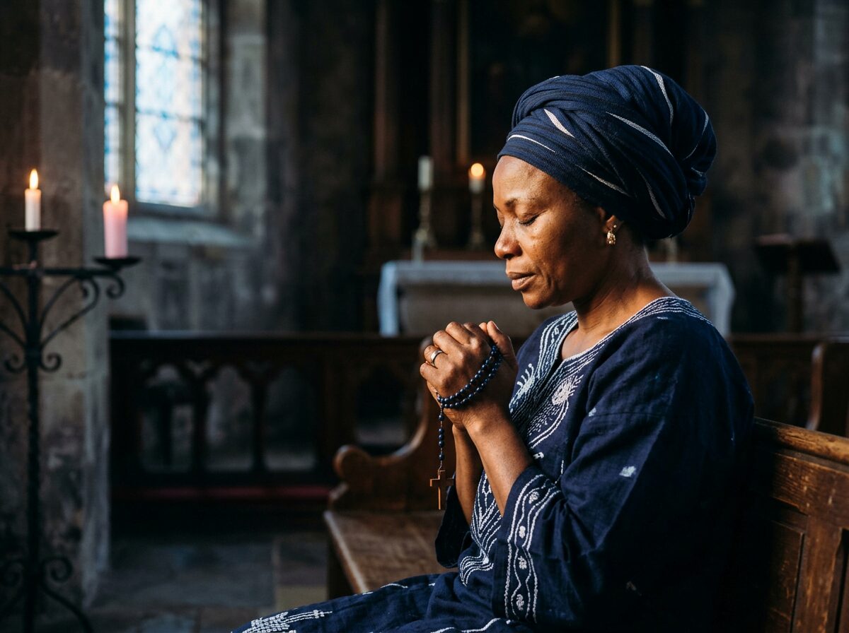 Une femme d'ascendance africaine, vêtue de bleu foncé, prie les yeux fermés dans une église. Elle tient une croix entre ses mains jointes, le visage paisible doucement éclairé par la lueur des bougies en arrière-plan.