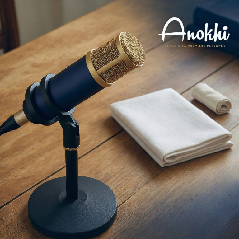 Un microphone professionnel bleu foncé et or posé sur une table en bois, à côté de linges de lin blanc soigneusement pliés et enroulés. Le logo Anokhí est visible en haut à droite.