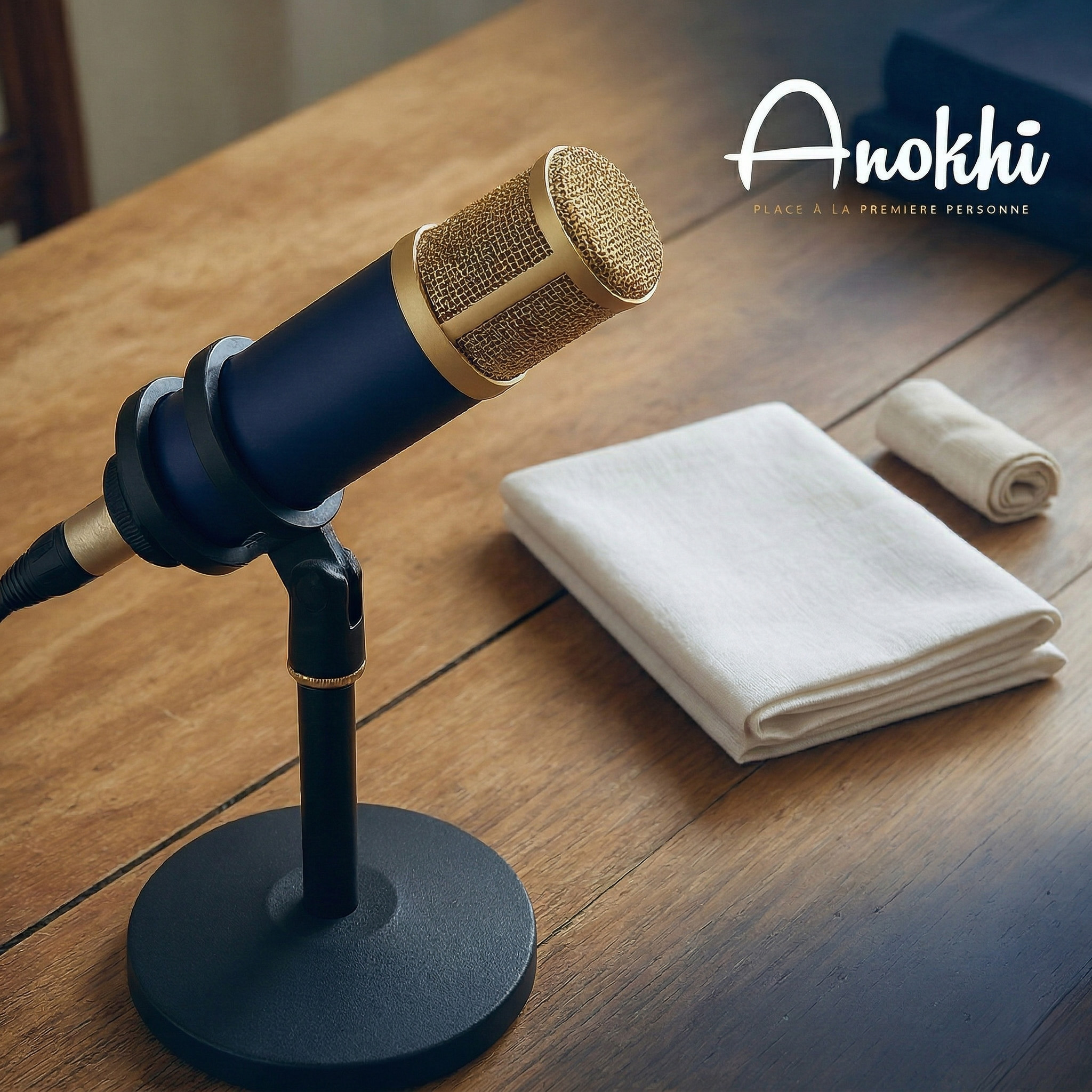 Un microphone professionnel bleu foncé et or posé sur une table en bois, à côté de linges de lin blanc soigneusement pliés et enroulés. Le logo Anokhí est visible en haut à droite.